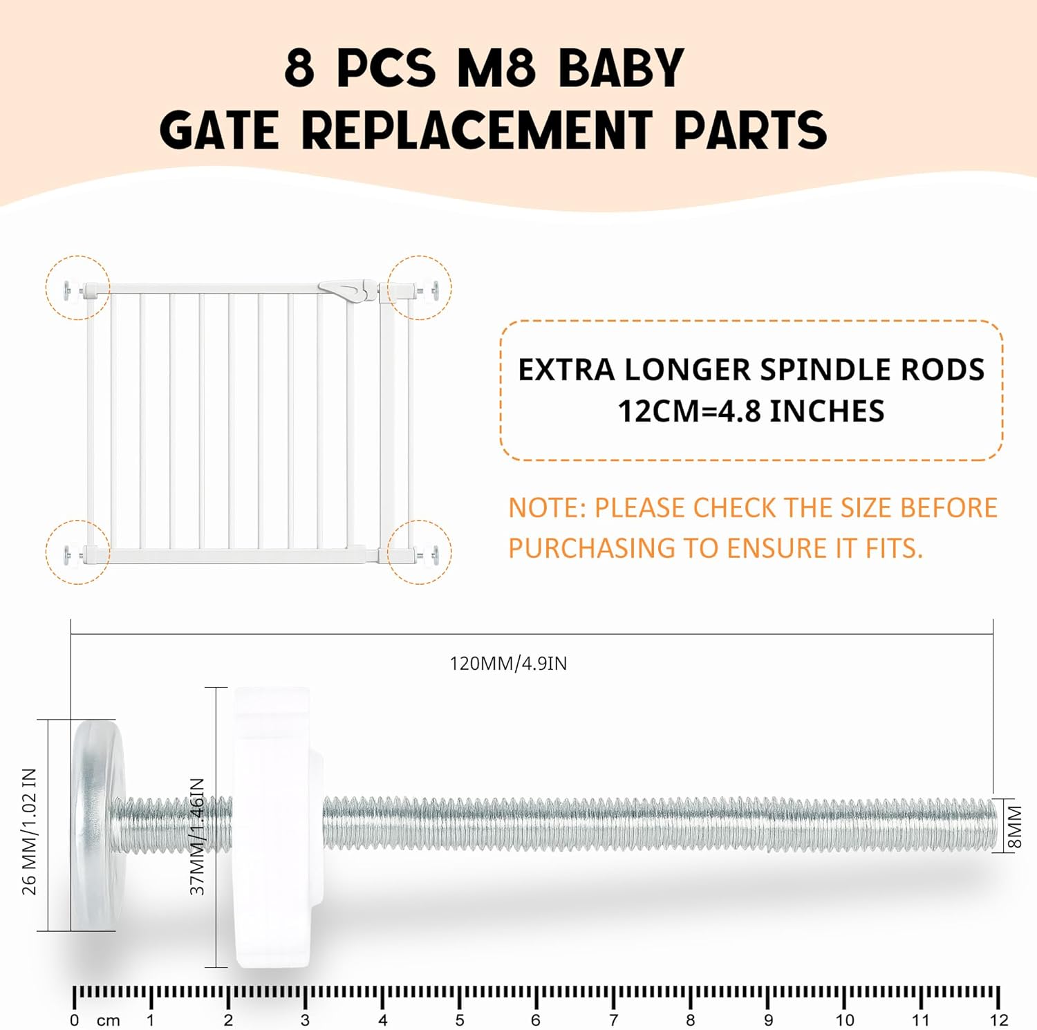 4 Pack Baby Gate Replacement Parts – 8MM White Threaded Spindle Rods for Pressure Mounted Baby & Pet Gates, Universal M8 Bolts Kit, 12CM Extra Long Extension Hardware