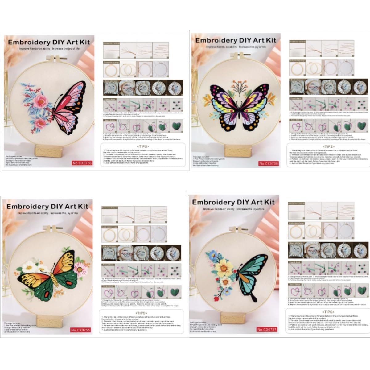 Yutaohui 4 Sets Butterfly Embroidery Kit for Adults with 2 Bamboo Hoop,Beginners Butterfly Flowers Embroidery Kits for Adults, Butterfly Embroidery Kits for Starter..