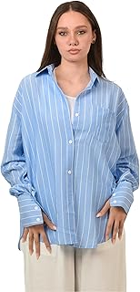 قميص كتان مخطط بمقاس فضفاض للنساء