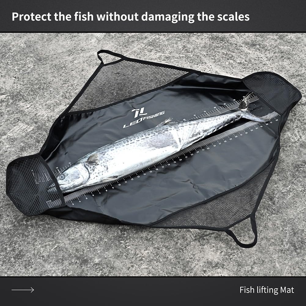Fisch-Landmatte Angler, 120 cm, PVC-Abhakmatte mit digitaler Abhakmatte für Waagenschutz, reisefreundliche Wiegetasche, Schwarz (1 Stück)