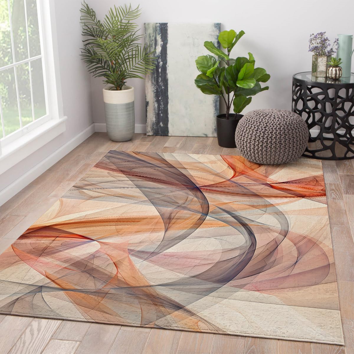 Nadający się do prania dywan 150 x 210 cm, abstrakcyjne zakrzywione linie, duży, miękki dywan wewnętrzny z antypoślizgowym gumowym spodem, nowoczesne dywany do domowego biura pod stołem