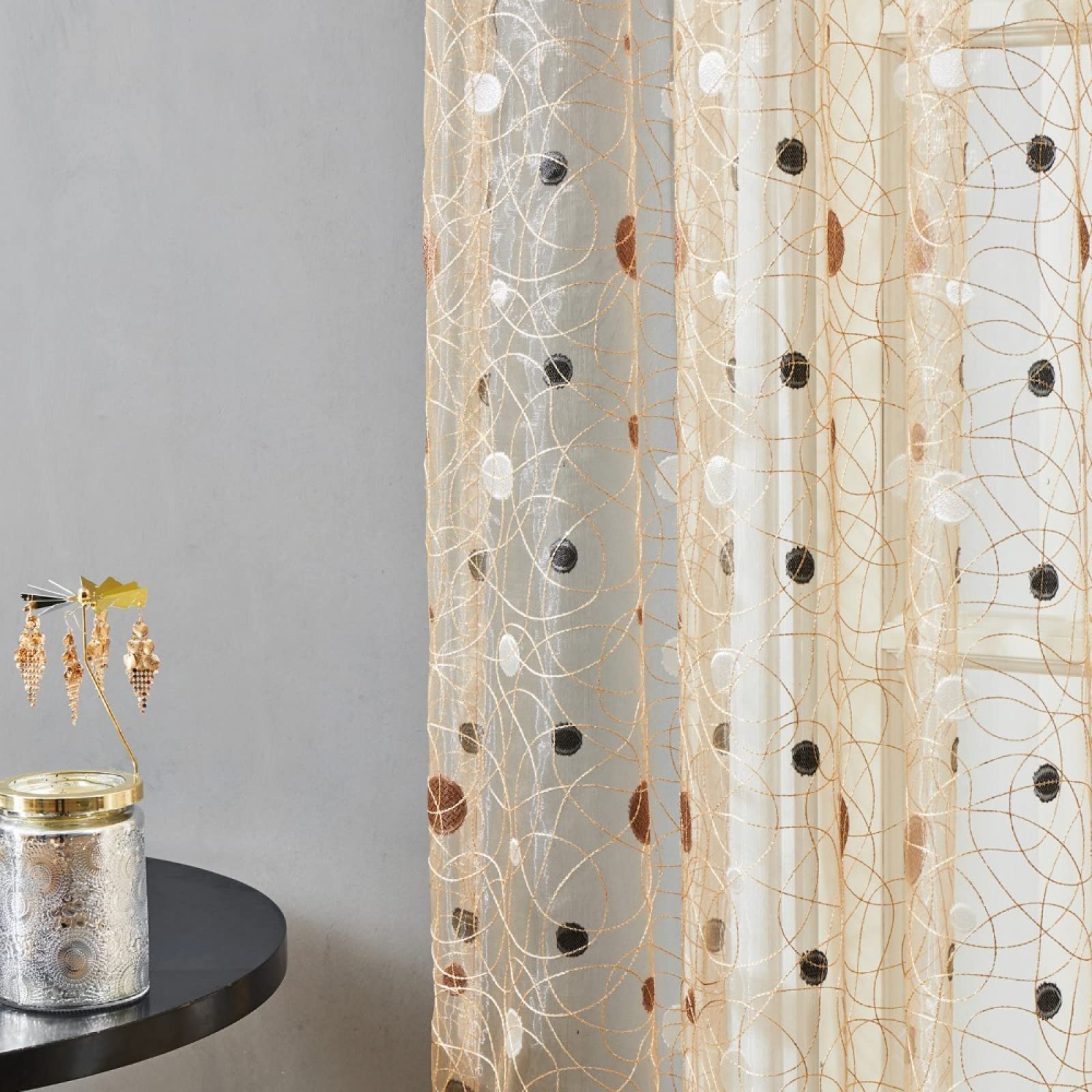 2 Pièce Rideau Voilage Blanc, Rideaux Voilages à Oeillets, Voilage Blanc Voile Draperies Point d'onde de Couleur de café Clair - 2 x 170 x 180 cm - Moderne Chambre Cuisine Balcon Romantique