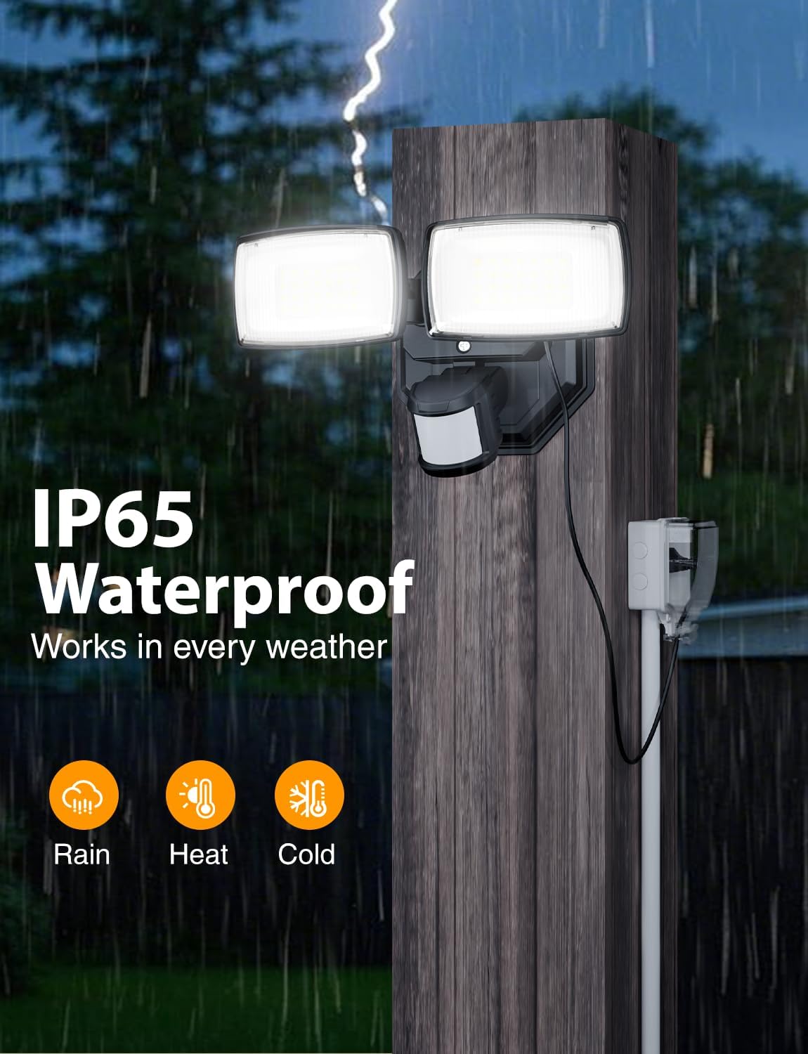 Onforu 32W Plug in Motion Sensor Lights Outdoor, 3200LM Motion Flood Light Dusk to Dawn, IP65 Waterproof Led Security Light Outside, 2 Heads Motion Activated Wall Light for Garage, Porch, Yard - Black