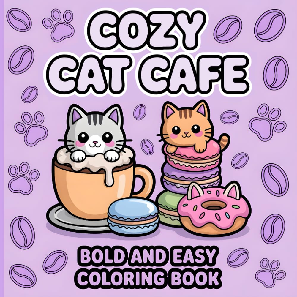 Cozy Cat Cafe Bold & Easy Coloring Book: Kawaii Cats, Cute Café Treats and Simple Bold Designs for Kids and Adults