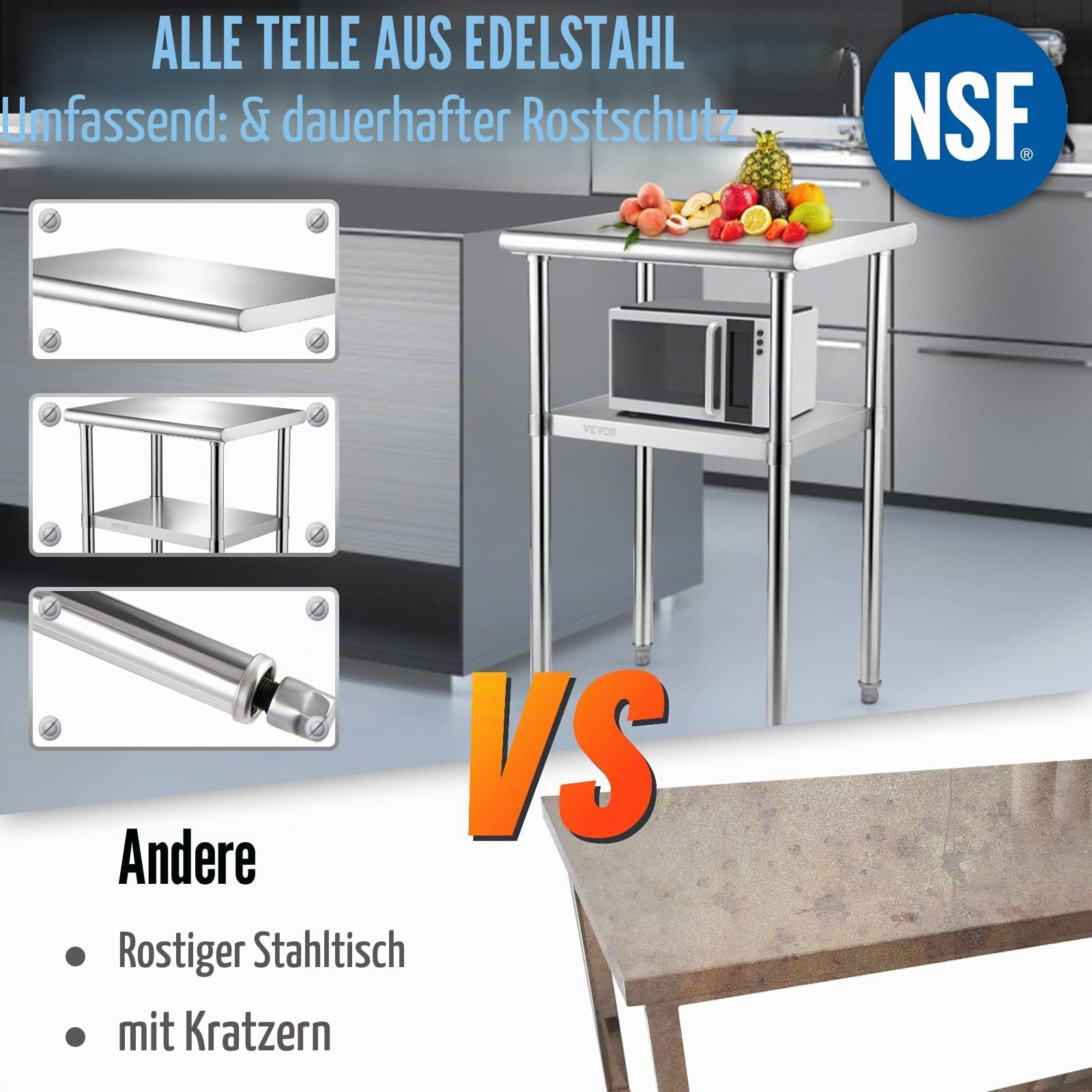 VEVOR Kommerzieller Edelstahltisch 61 x 45,7 x 91,4 cm, Edelstahl Zweilagiger Arbeitstisch Zerlegetisch Gastro 181,4 kg + 91 kg Tragfähigkeit, Gewerbe Küchentisch, Zubereitungstisch Küchenmöbel