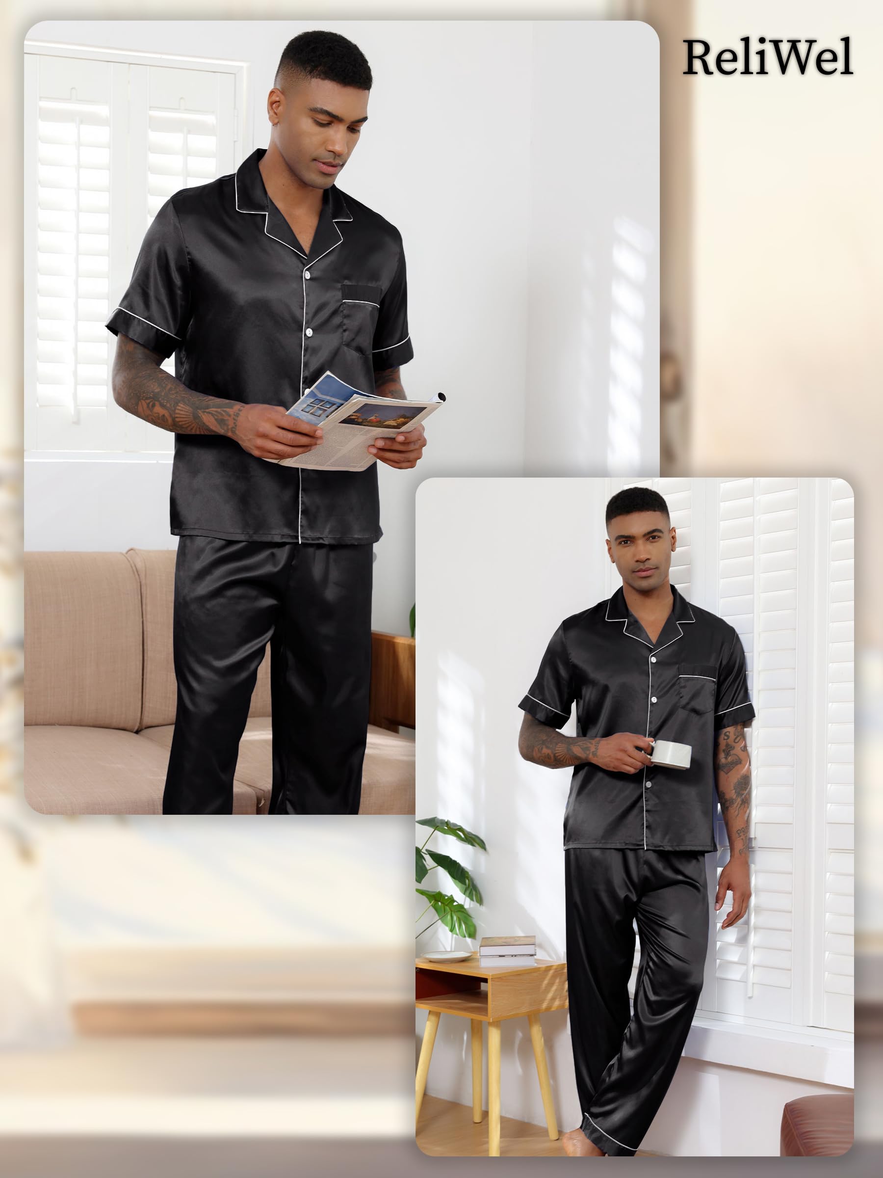 Ensemble de Pyjama Homme en Satin Pyjama en Soie Boutonné 2 Pièces Haut à Manches Longues et Pantalon Long Vêtements de Nuit Été Confortable Sleepwear