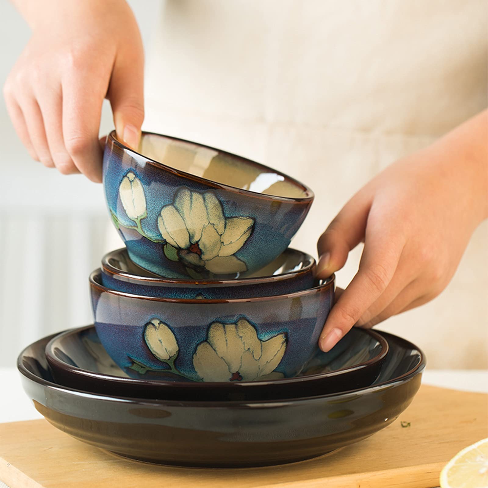 Zestaw obiadowy na przyjęcie rodzinne, hotelowa restauracja, zestaw zastawy ceramicznej, 28-częściowy zestaw grubych kolorowych misek i talerzy, zestaw zastawy ceramicznej, zastawa stołowa dla 4 osób