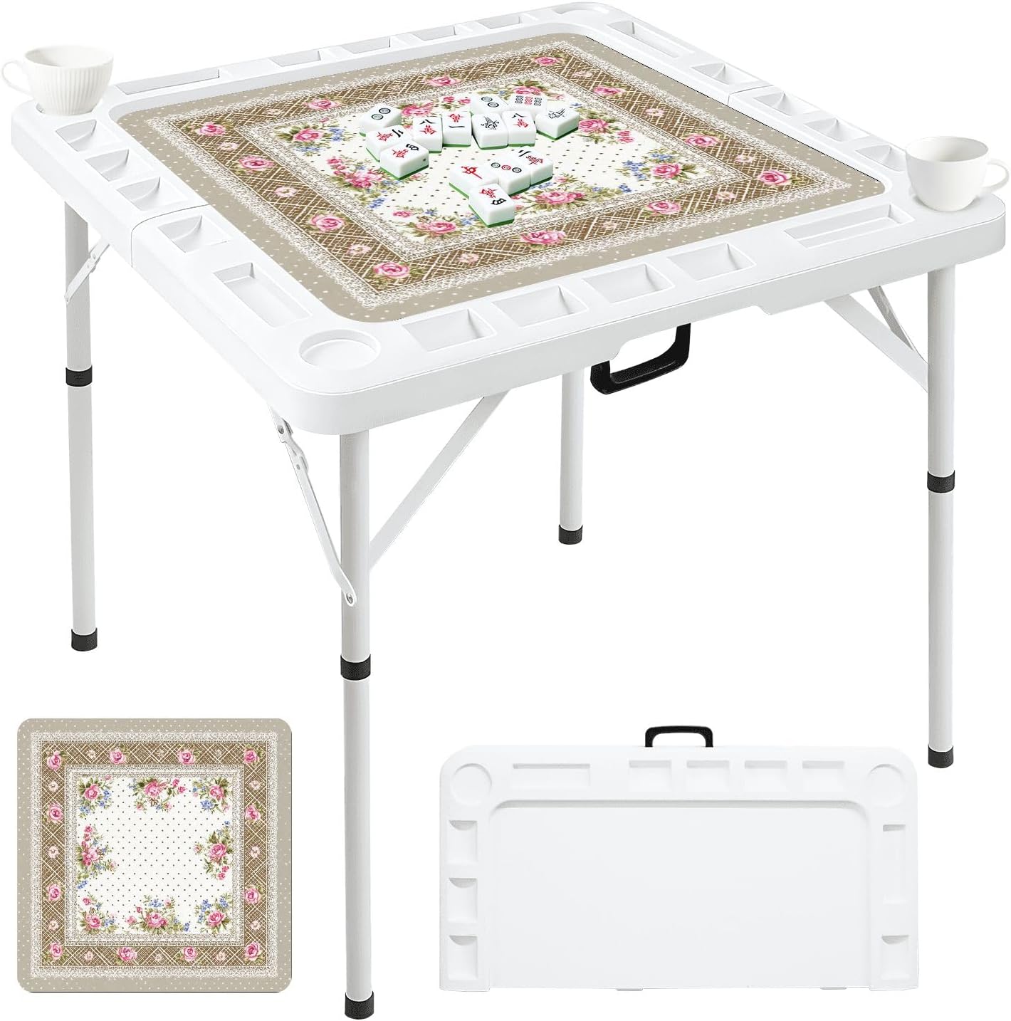 Folding Mahjong Table with Floral Vintage Square Pink Roses Blue Flowers Lace Border Wear-Resistant Mahjong Mat, 4 Cup Holders & Chip Trays for 4 Players Square Portable Card Table for Poker Domino