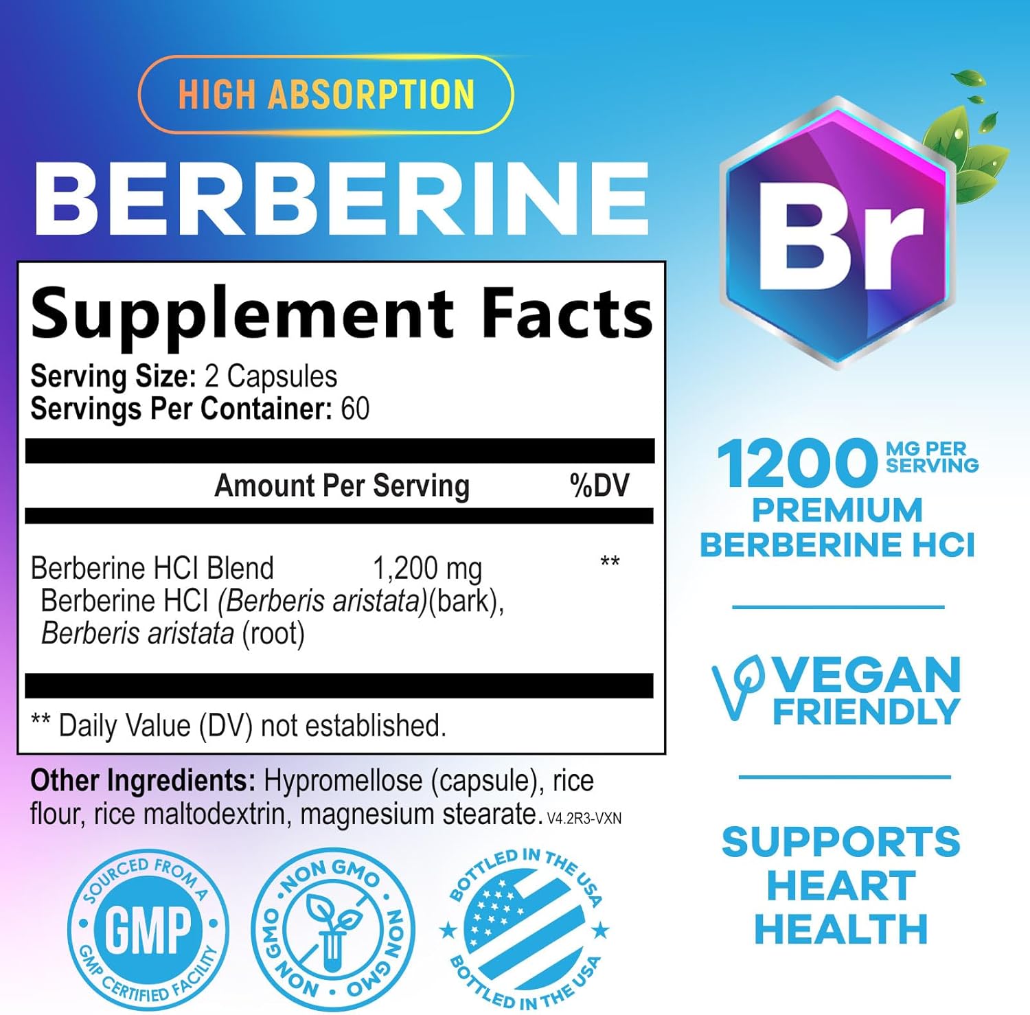 Berberine HCL Blend 1200mg Per Serving - High Absorption, Extra Strength Berberine Supplement - Advanced Heart Health & Daily Immune Support - Sugar Free, Vegan, USA Bottled - 120 Veggie Capsules