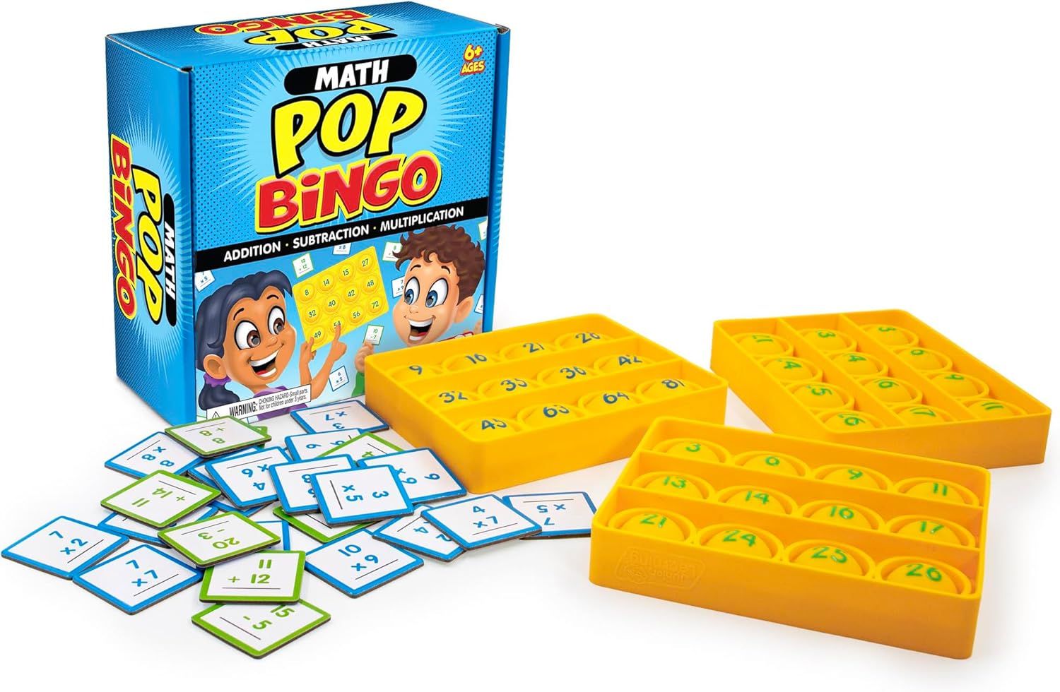 Junior Learning: Math Pop Bingo - Numbers Bubble Grid & Tile Game, Addition-Subtraction-Multiplication, Giant Problem-Solving Silicone Boards, Kids 6+
