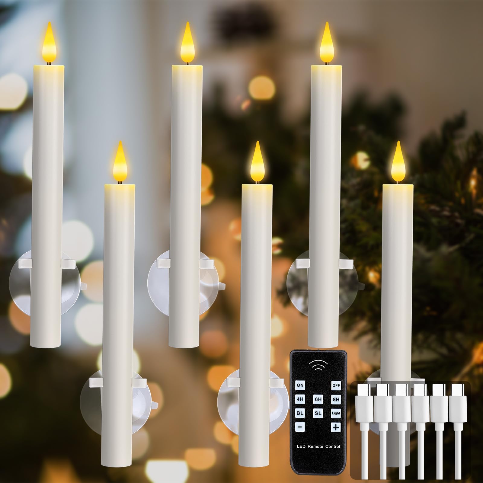 6 candele ricaricabili senza fiamma, senza fiamma, con telecomando e timer, LED bianco tremolante a batteria, candele con ventose, per casa, matrimoni, decorazioni natalizie (2,2 x 23,4 cm)