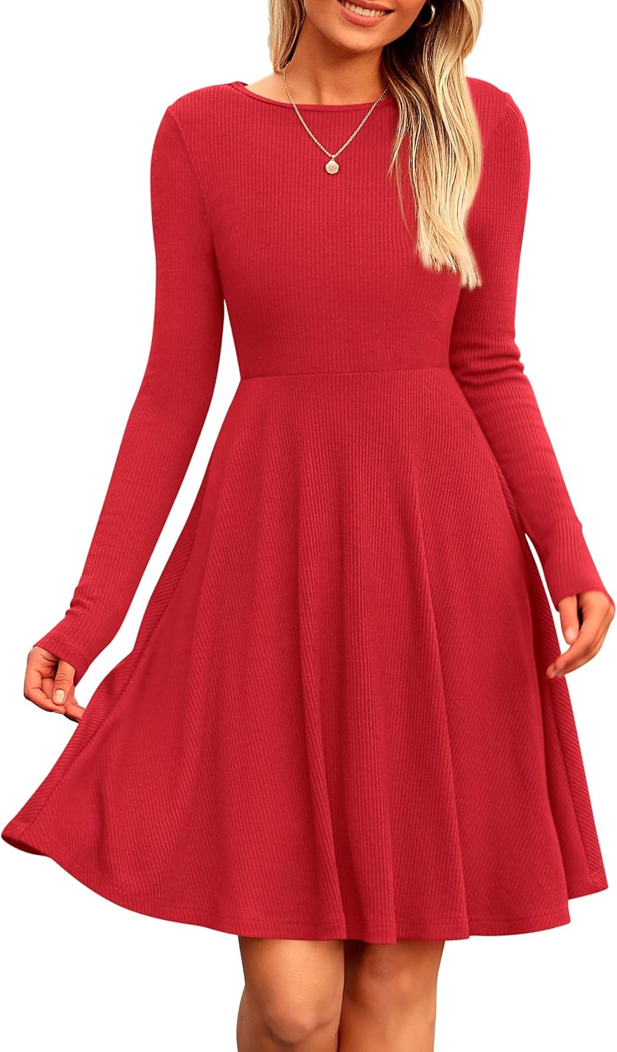 PRETTYGARDEN Women's Fall Short Dress Ribbed Knit Crewneck Long Sleeve A Line Flowy Casual Elegant Going Out Winter Dresses