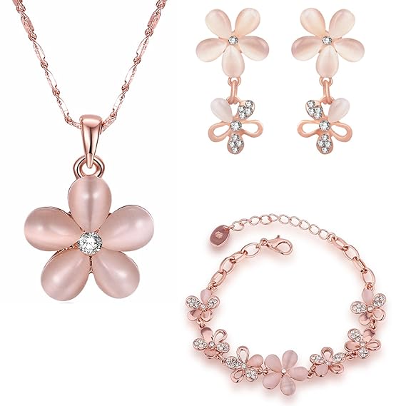 Om Jewells Girls/Womens Alloy and Cats Eye Necklace Pendant, Earrings and Bracelet Set (Gold, Pink)