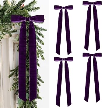 Velvet Bows for Christmas Tree Pack of 4 Large Rustic Crafts Gift Wreath Bow Ornaments for Xmas Topper Staircase Home Wedding Outdoor Interior Decor, 2" Width, 23 x 8.7 Inch 4, Purple