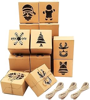 48 PCS Christmas Cookie Boxes with Clear Window, 4x4x2.5 Inches Brown Christmas Kraft Gift Boxes, Bakery Treat Candy Doughnut Boxes for Holiday Gift Giving, Christmas Party Favors.