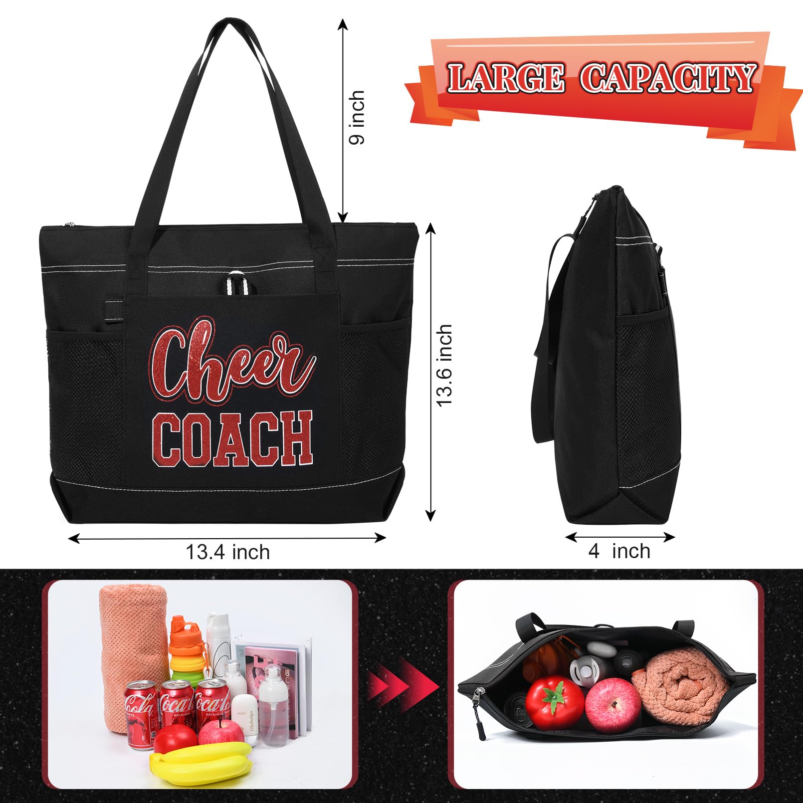 Aileam Cheer Coach Tote Bag for Cheerleaders Cheerleading Coach Gift Large Canvas Cheer Bag with Zipper Reusable Shopping Bag for Cheerleader Cheer Stuff Organizer for Girls Coaches