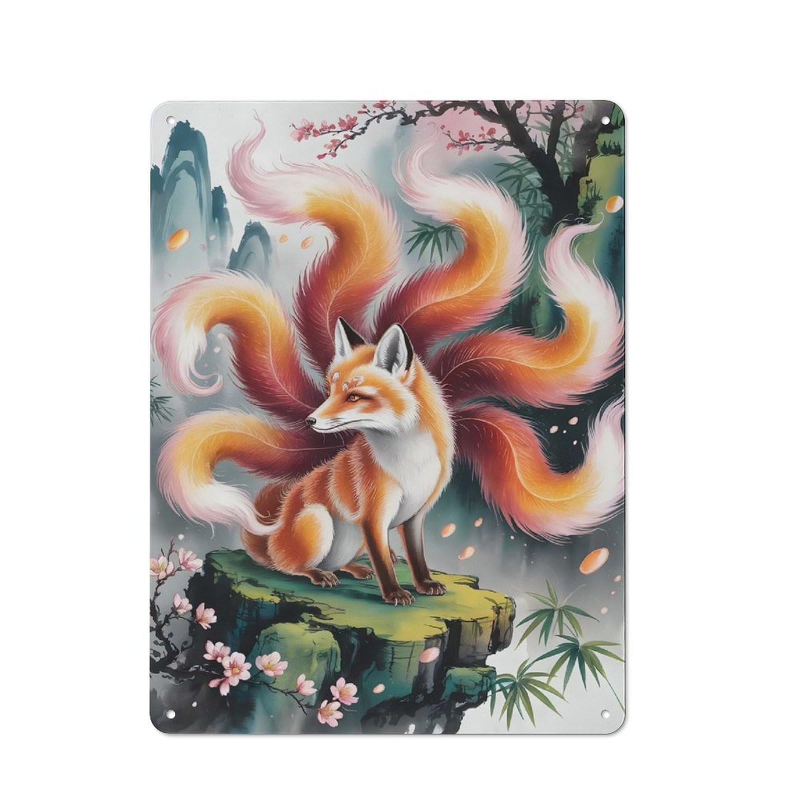 Junmoney Style-18 Nine-Tailed Fox In Asian Landscape Retro Tin Sign 40X30cm For Café Or Restaurant, Housewarming Wall Decor For People Furnishing Café And Restaurant