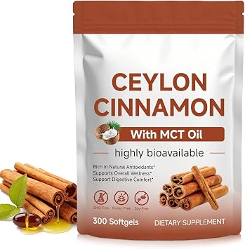 Ceylon Cinnamon Softgels with MCT Oil, 300 Softgels Cinnamomum Verum Bark Extract Capsules True Ceylon Cinnamon Supplement, Non-GMO Gluten-Free & Soy-Free