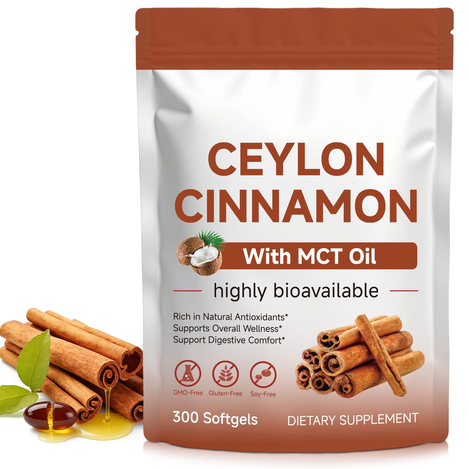 Ceylon Cinnamon Softgels with MCT Oil, 300 Softgels Cinnamomum Verum Bark Extract Capsules True Ceylon Cinnamon Supplement, Supports Digestive & Overall Wellness Gluten-Free