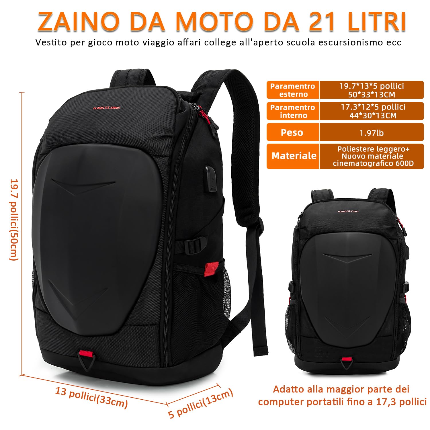 KINGSLONG Zaino da Moto da Gioco con Guscio Rigido, Zaino per Laptop da 15-17,3 Pollici con Porta di Ricarica USB, Antifurto Impermeabile Viaggiare Uomini Affare Università Scuole All'aperto