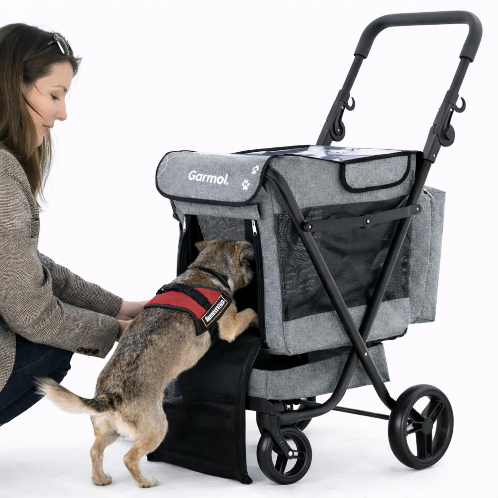 GARMOL Jumbo Pet Carrito para Mascotas Plegable 66L hasta 8kg | 4 Ruedas con 2 Giratorias, Capota Transparente Impermeable, Bolsa 9L y Bandeja 6L | Carro para Perros Pequeños y Medianos (Gris)