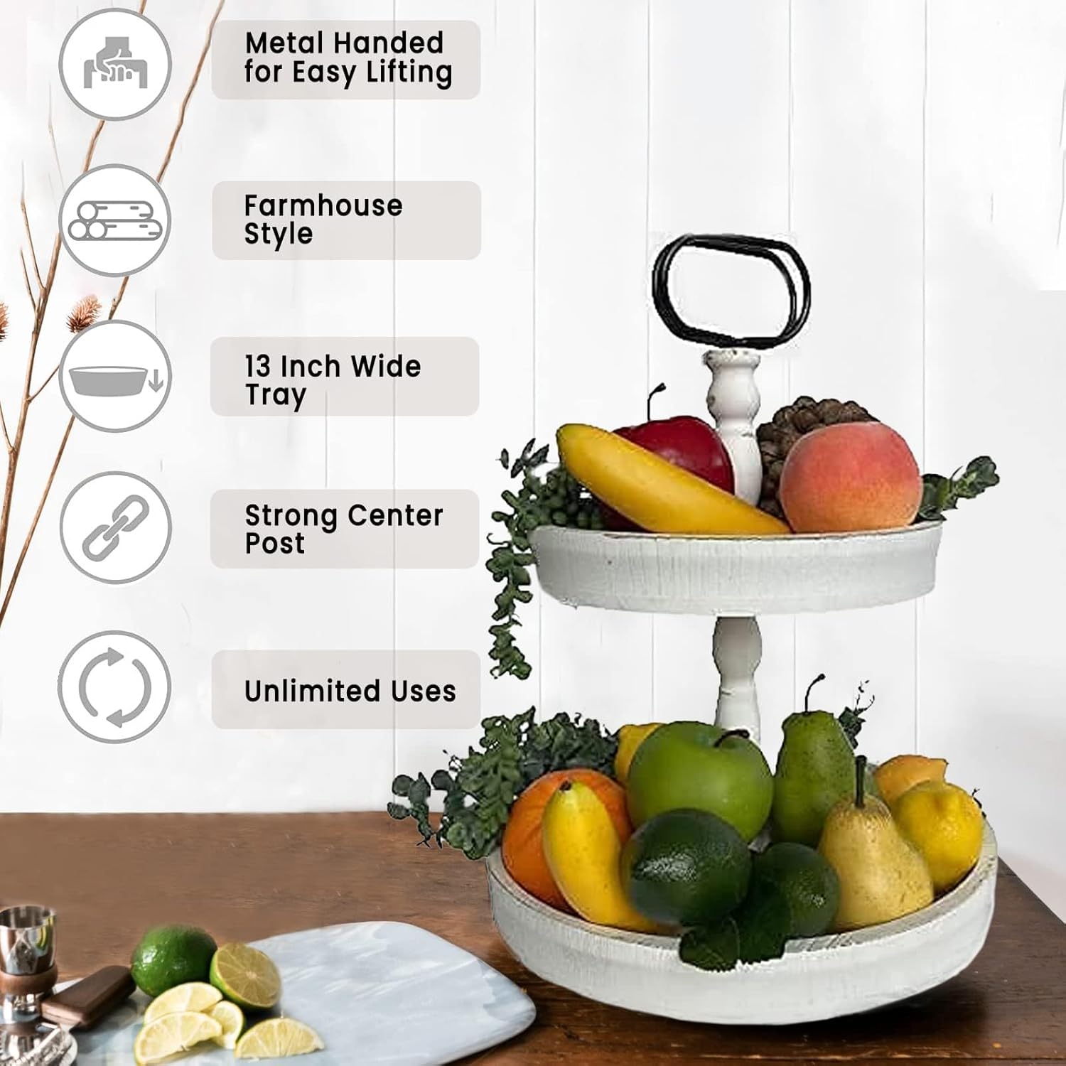 DECORIO Beautiful Distressed Farmhouse White Wood Two Tier Decorative Tiered Tray Stand for Vintage Decor, Round Wooden Serving Tray - Large 17"