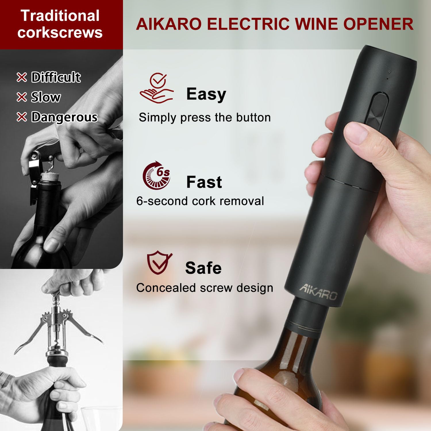 AIKARO - Abrebotellas de vino eléctrico Sacacorchos electrónico automático (Set A)