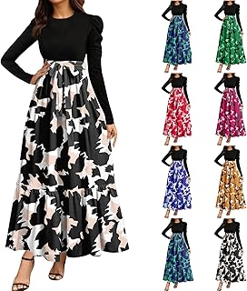 Maxi Dresses for Women 2025 Elegant Patchwork Flowy Dress A Line Tie Empire Waist Long Sleeve Fall Frocks with Pockets