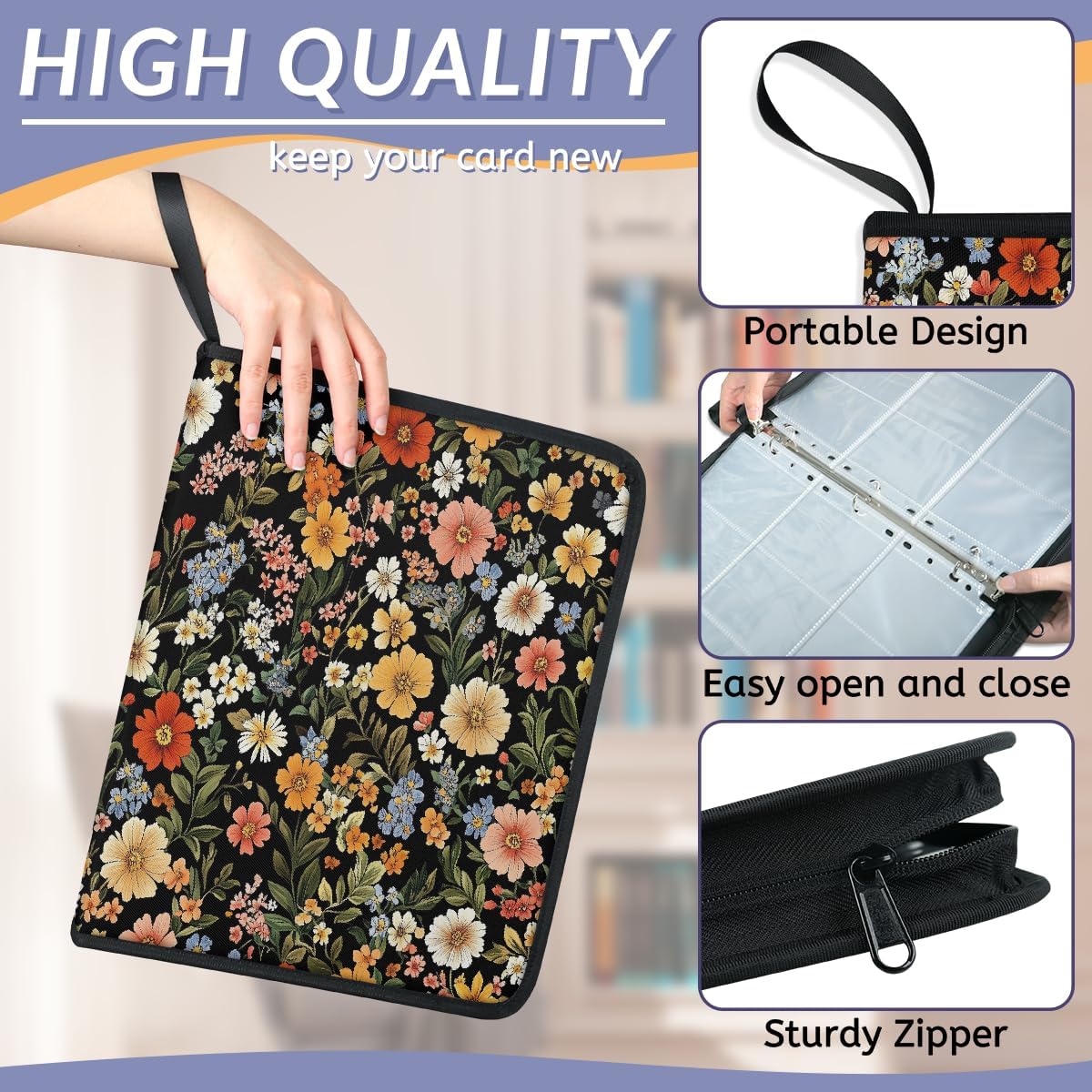 Card Binder 9 Pocket with 50 Removable Sleeves - Holds 900 Trading Cards, Colorful Wildflowers 3-Ring Zip Top Loader Binder, Protective Album for Collectors