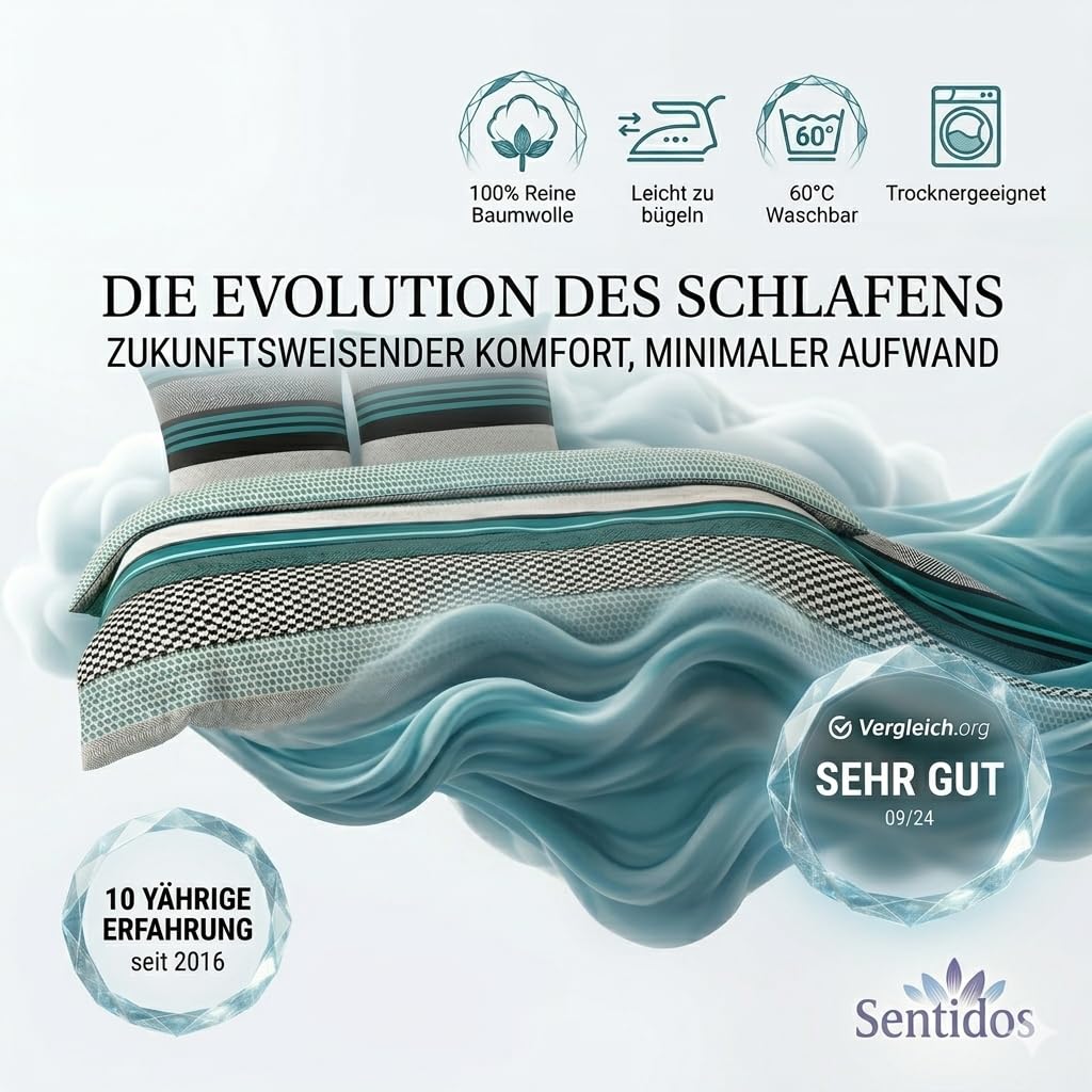 Sentidos 4-teiliges Bettwäsche-Set aus Renforcé-Baumwolle - 2x Bettbezüge 135x200 cm & 2x Kissenbezüge 80x80 cm mit Reißverschluss - Türkis/Schwarz/Weiß