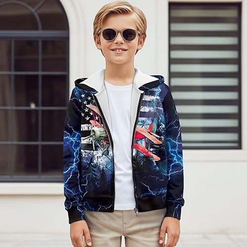Renewold Girls and Boys Zip-Up Hoodie Sweatshirt Kids Zip Hoodie Hooded Sweatshirts Clothing(American Flag Plane,11-13 Years)