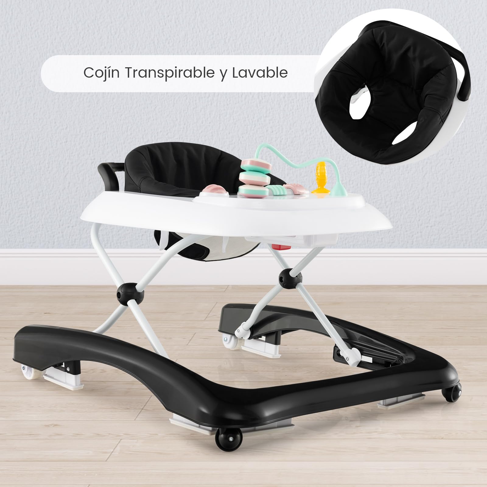 COSTWAY Andador Bebes 3 en 1, Andador Plegable para Bebé con 3 Alturas Ajustables, Asiento Acolchado Cómodo y Plato de Juguetes Extraíble, Tacata Bebe con Ruedas para Niños de 6+ Meses (Negro)