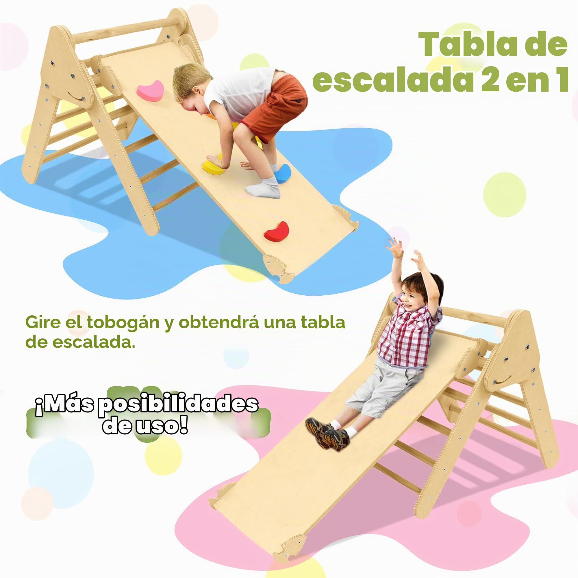 UISEBRT Juego de Estructura de Escalada 3 en 1 para niños, triángulo de Escalada con tobogán, Arco de Escalada y Escalera, Parque Infantil de Madera para Interiores y Exteriores, para