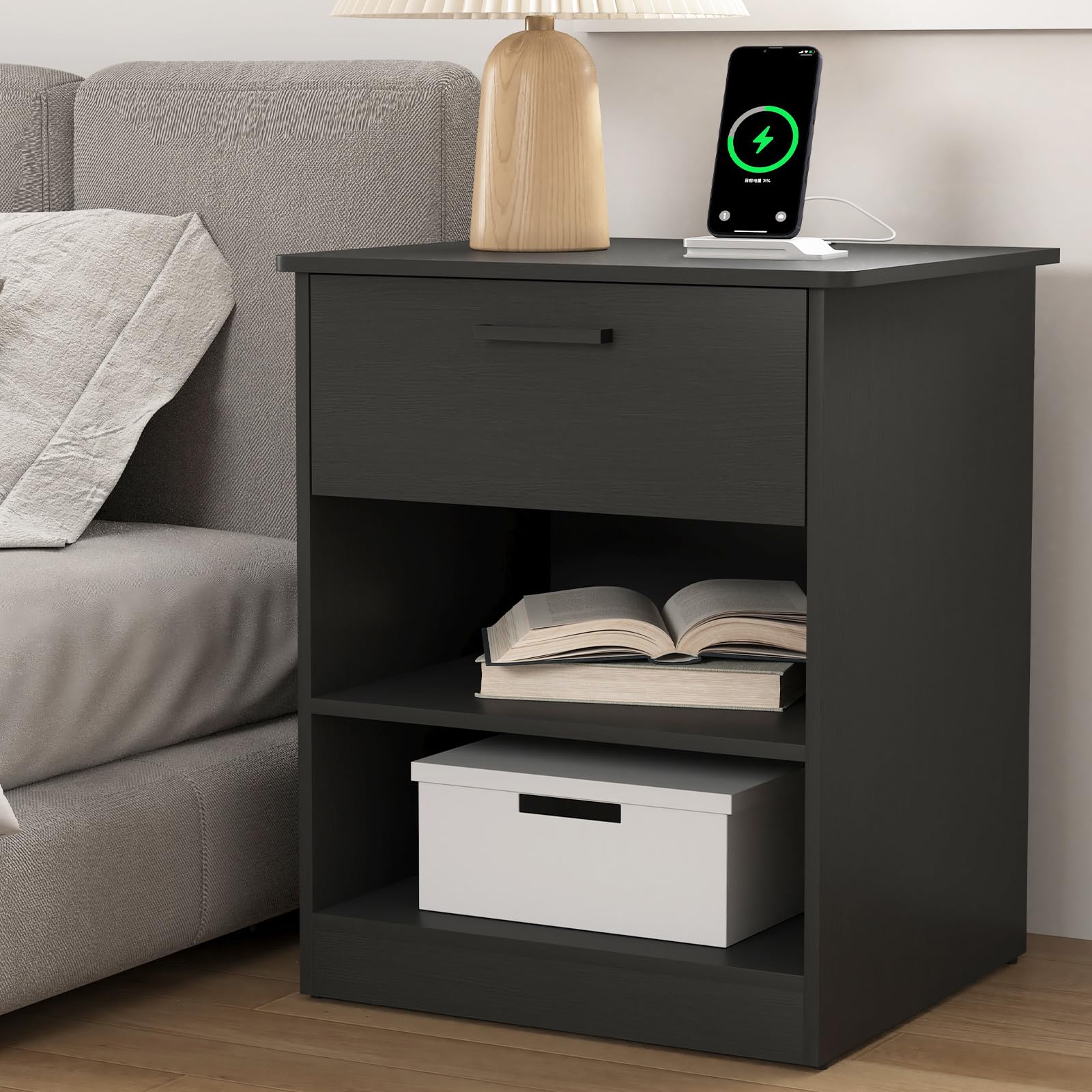 night stand with charger station, modern nightstand with usb type-c ports and ac outlets, large bedside table with drawer and open storage, wooden end table for bedroom (black, 1 drawer)