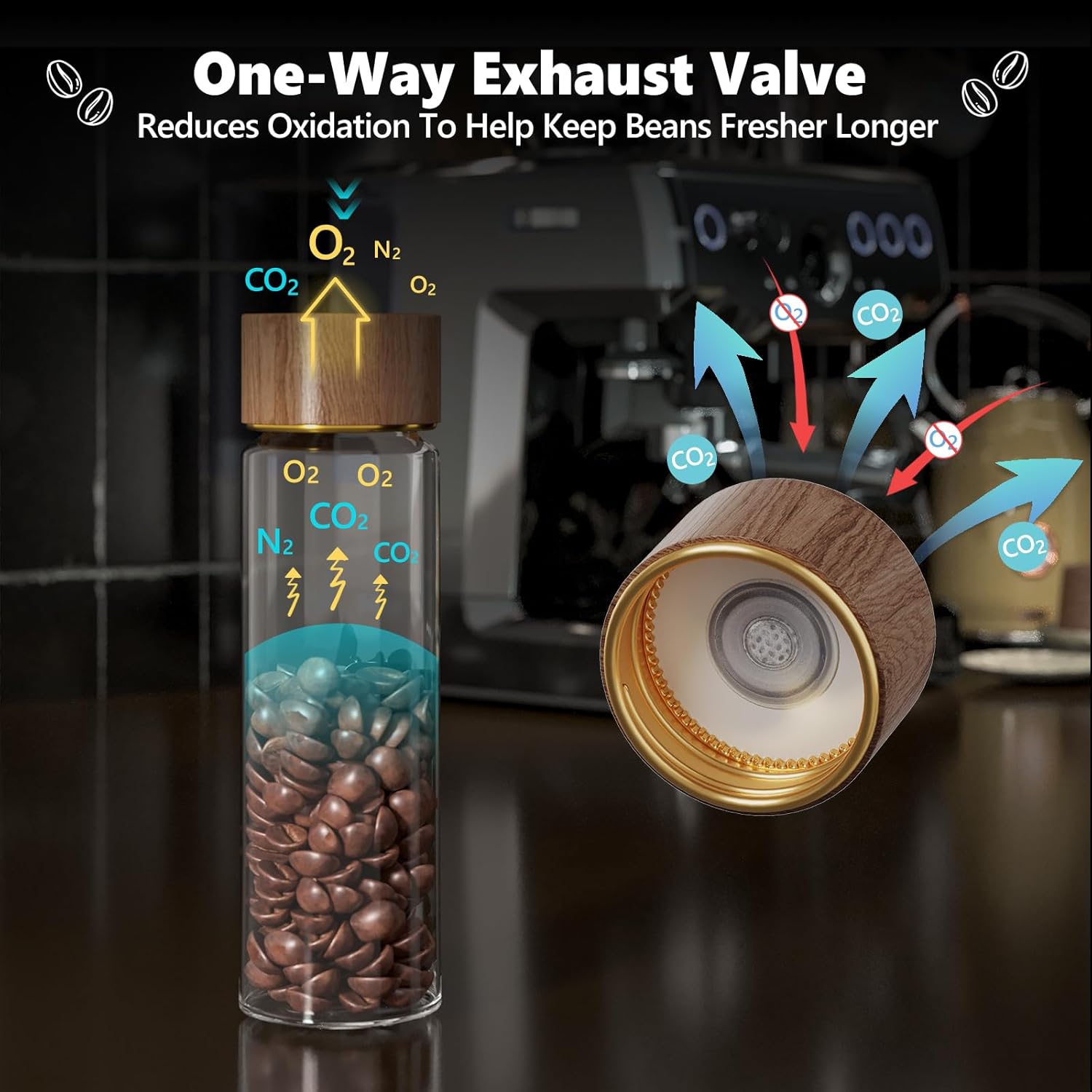 Single Dose Coffee Bean Storage Tubes with One-Way Exhaust Valve,Coffee Bean Container with American Walnut Wood Base,Funnel and Lids,Espresso Bean Storage with 8Pcs Glass Tubes