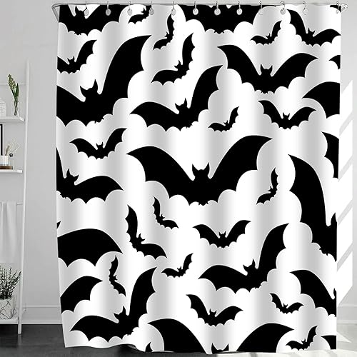 Miniatura 2 de Juego de cortinas de ducha con diseño de murciélagos en blanco y negro con diseño de Halloween espeluznante y negro de animales muertos oscuros,