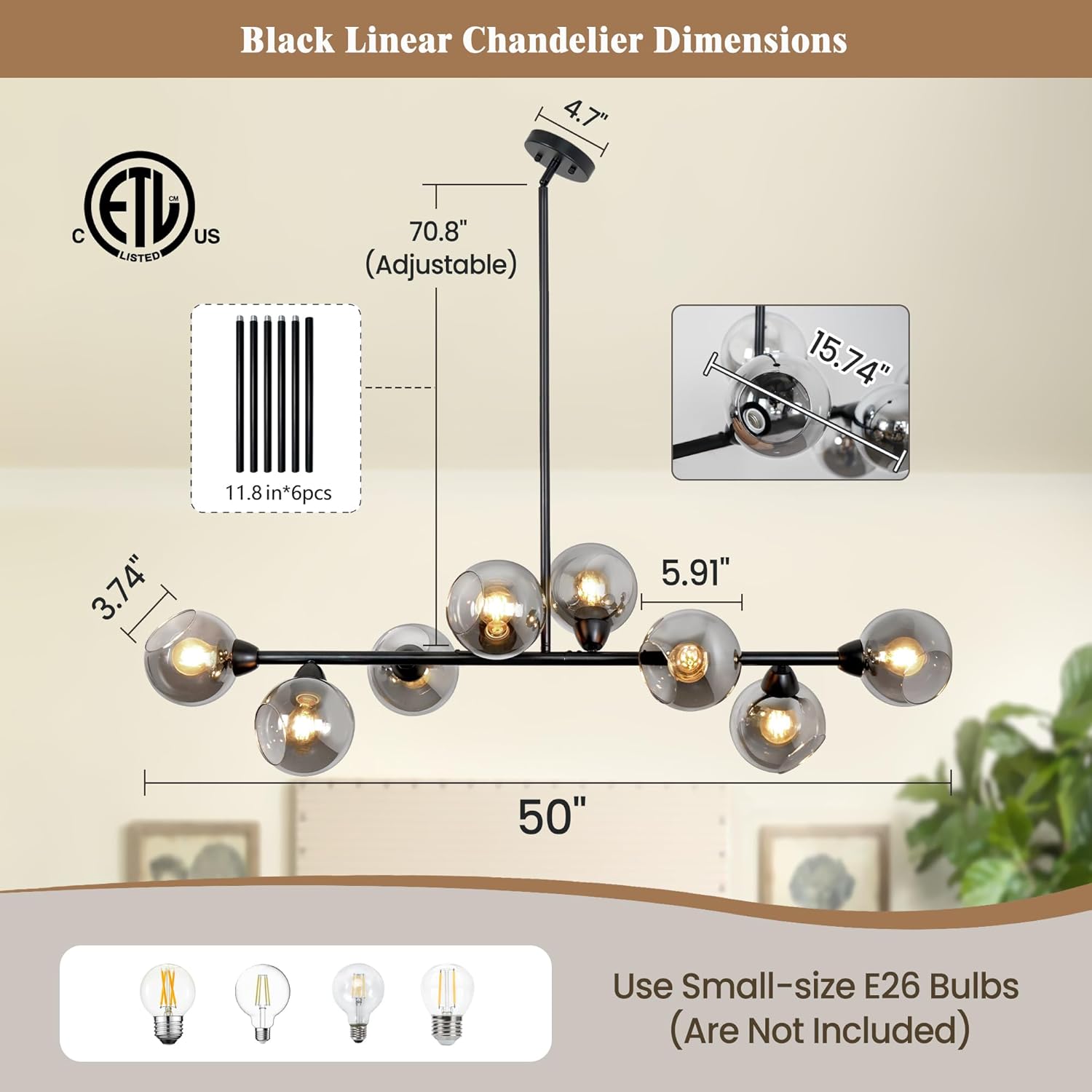 Linear Chandeliers for Dining Room Modern Black Linear Chandelier with Smoke Gray Open Glass Shade 8 Lights Globe Glass Chandelier for Dining Room, Kitchen Island, Over Table, Farmhouse, 50 Inch, ETL