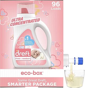 Dreft Stage 1 Baby Laundry Detergent Liquid Soap Eco-Box, Natural For Newborn, Or Infant, Ultra Concentrated He, 96 Loads - Hypoallergenic For Sensitive Skin
