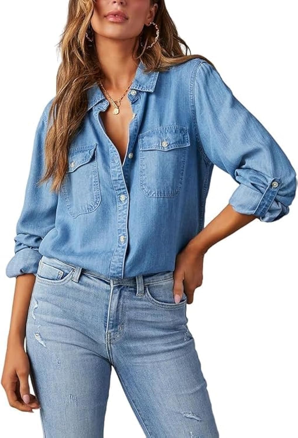 Long Sleeve Denim Shirt Women Button Down Chambray Shirt Casual Snap Jean Shirts Blouse Top