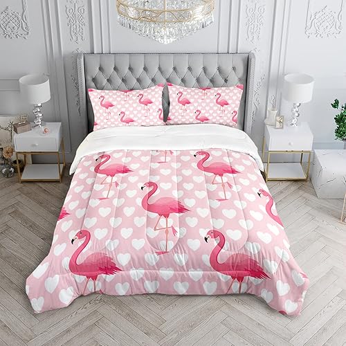 Miniatura 3 de XYNHML Juego de edredón de flamenco, tamaño matrimonial, diseño de corazón de flamenco, rosa tropical, juego de ropa de cama acolchado Kawaii para