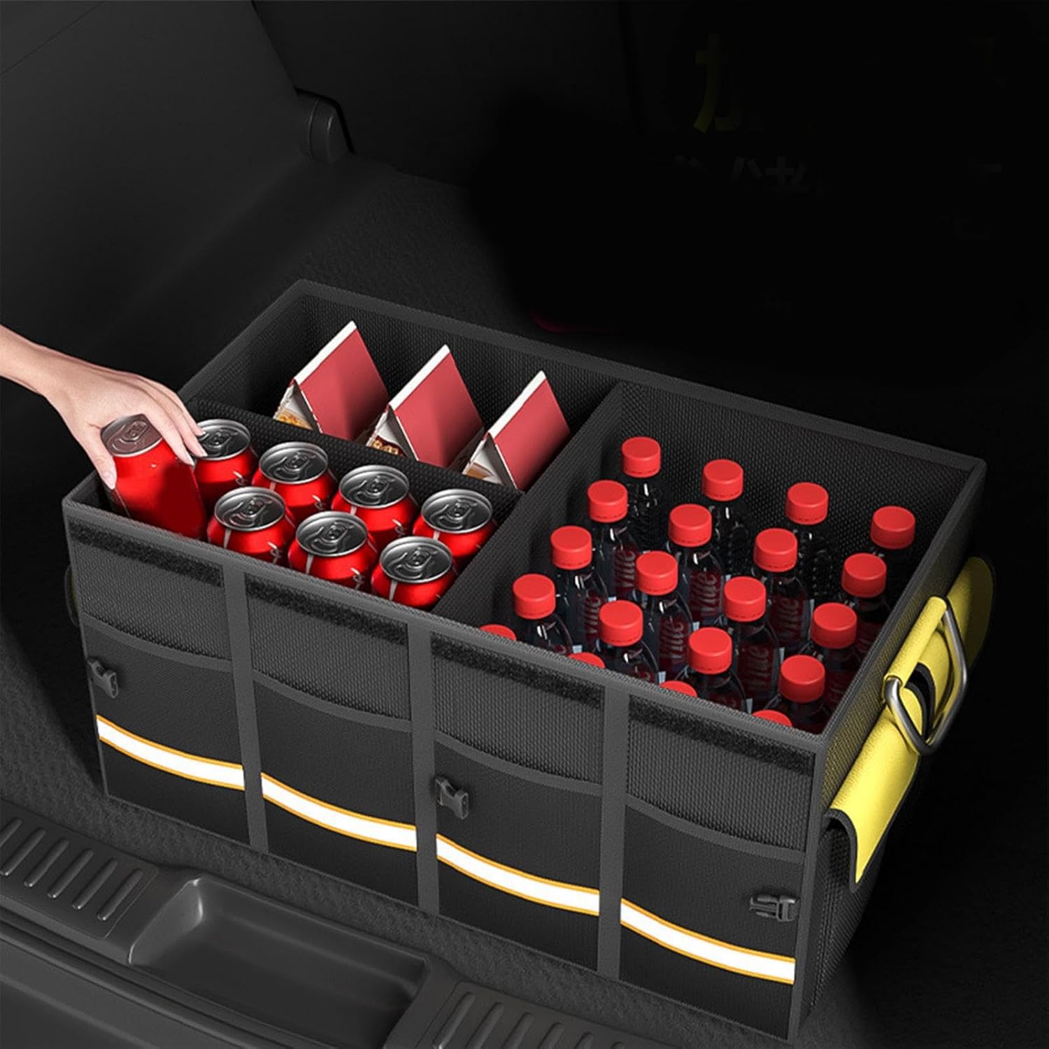 Organizer per bagagliaio con coperchio, 68 l, pieghevole, multifunzione, pieghevole, per auto, bagagliaio, impermeabile, per tutte le auto, campeggio, picnic, shopping (4 scomparti)