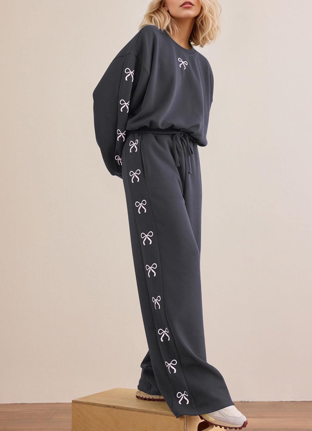 MISSACTIVER Women’s Bow Print Sweatsuits 2 Piece Lounge Sets Matching Tracksuit Long Sleeve Crew Neck Wide Leg Sweatpants - Image 2