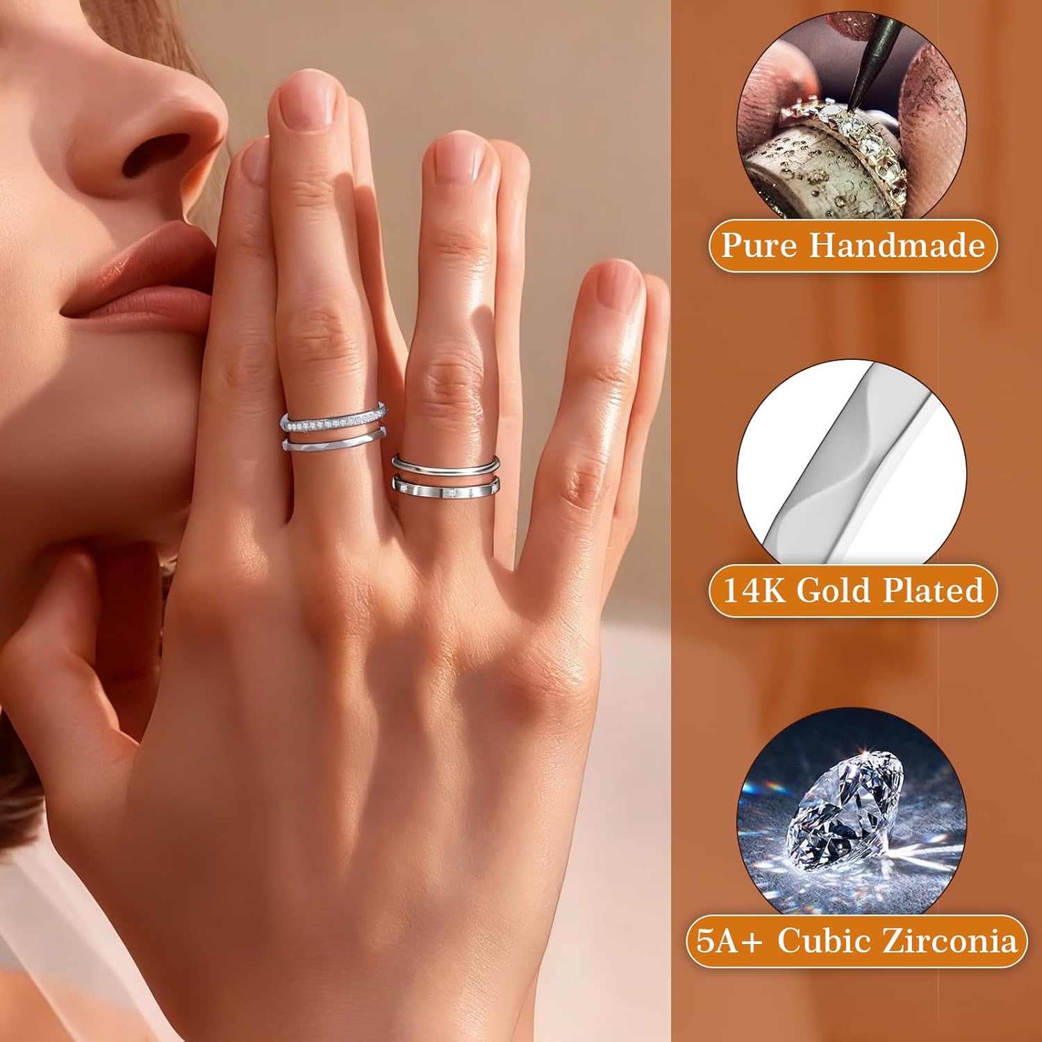 4-Pack 14K Gold Plated Stackable Rings for Women,Cubic Zirconia Simulated Diamond Oura Stack Rings for Oura Ring Gen 4/Oura Ring Gen 3,Dainty Trendy Statement Stacking Rings Set Size 5-10 - Image 3