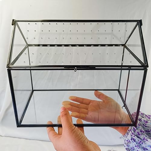 Miniatura 3 de HighFree Terrario geométrico de vidrio con tapa acrílica, terrario negro con forma de casa con agujeros de respiración para caracoles, suculentas,