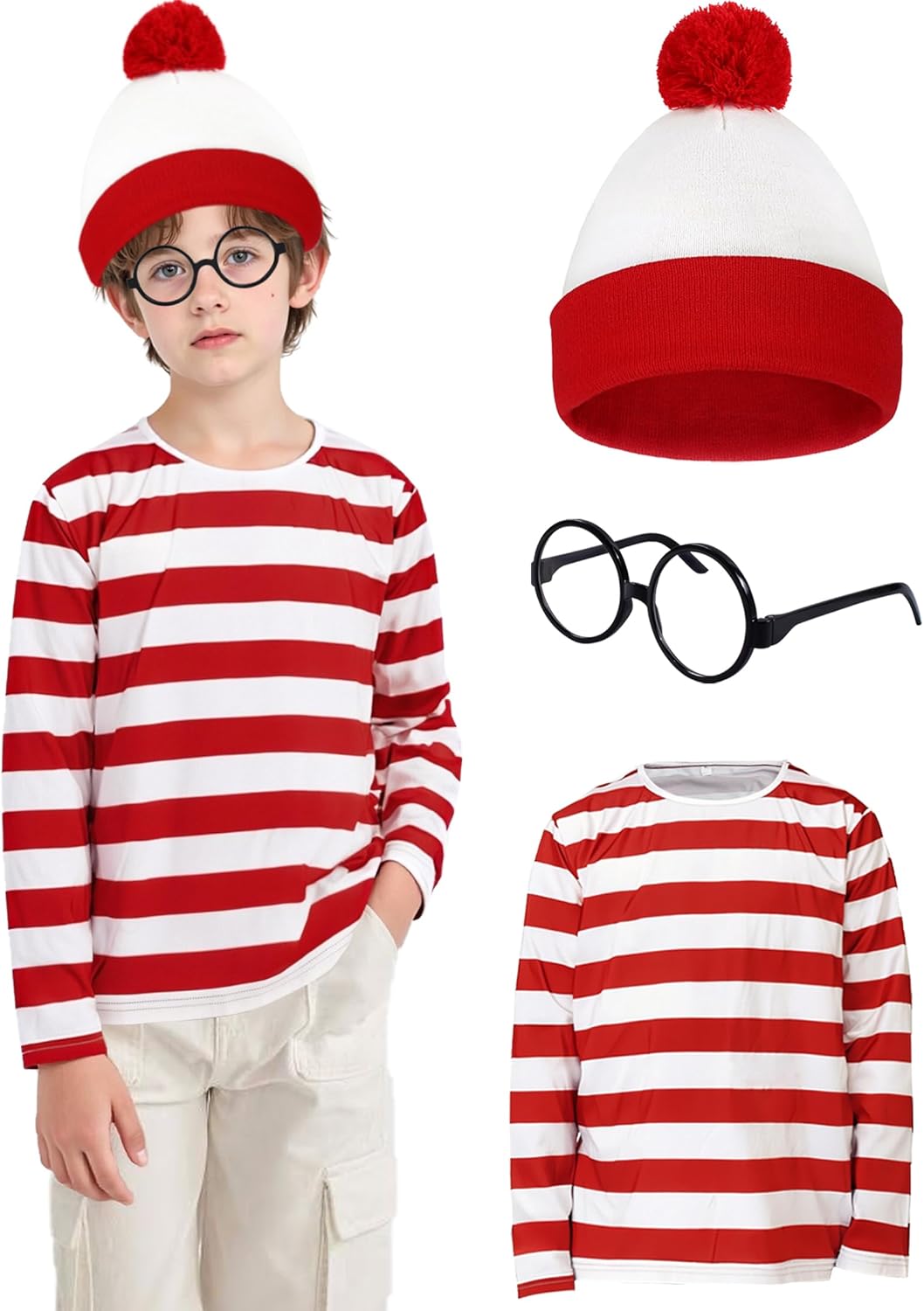 Red & White Striped Long Sleeve Shirt 3Pcs Set Classic Striped Top with Hat Glasses Funny Halloween Cosplay Outfit