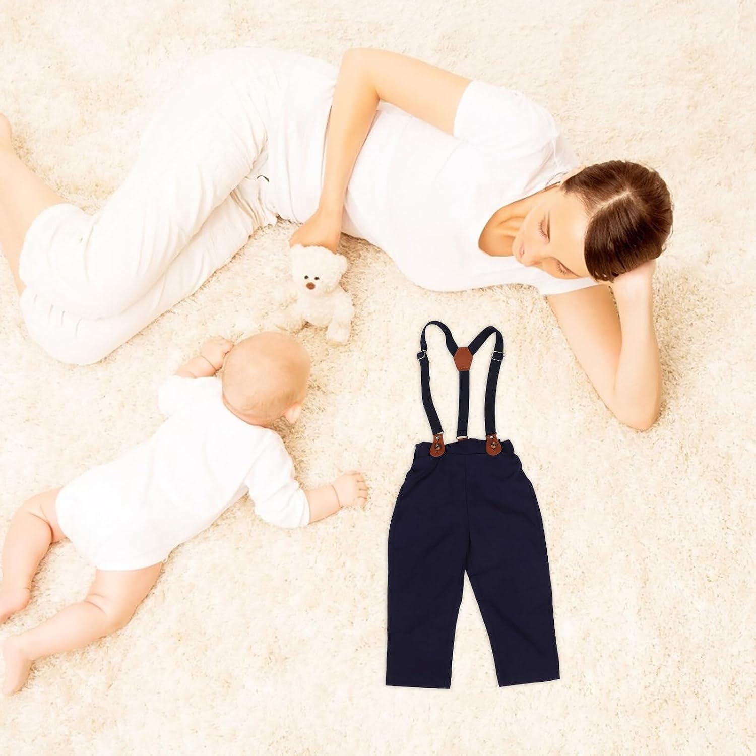 Boys Long Sleeve Shirt and Overalls Set, Solid Fabric with Bow Tie, Formal Fit Suit for 12-18 Months, Boy Gentleman Outfit for Spring and Autumn