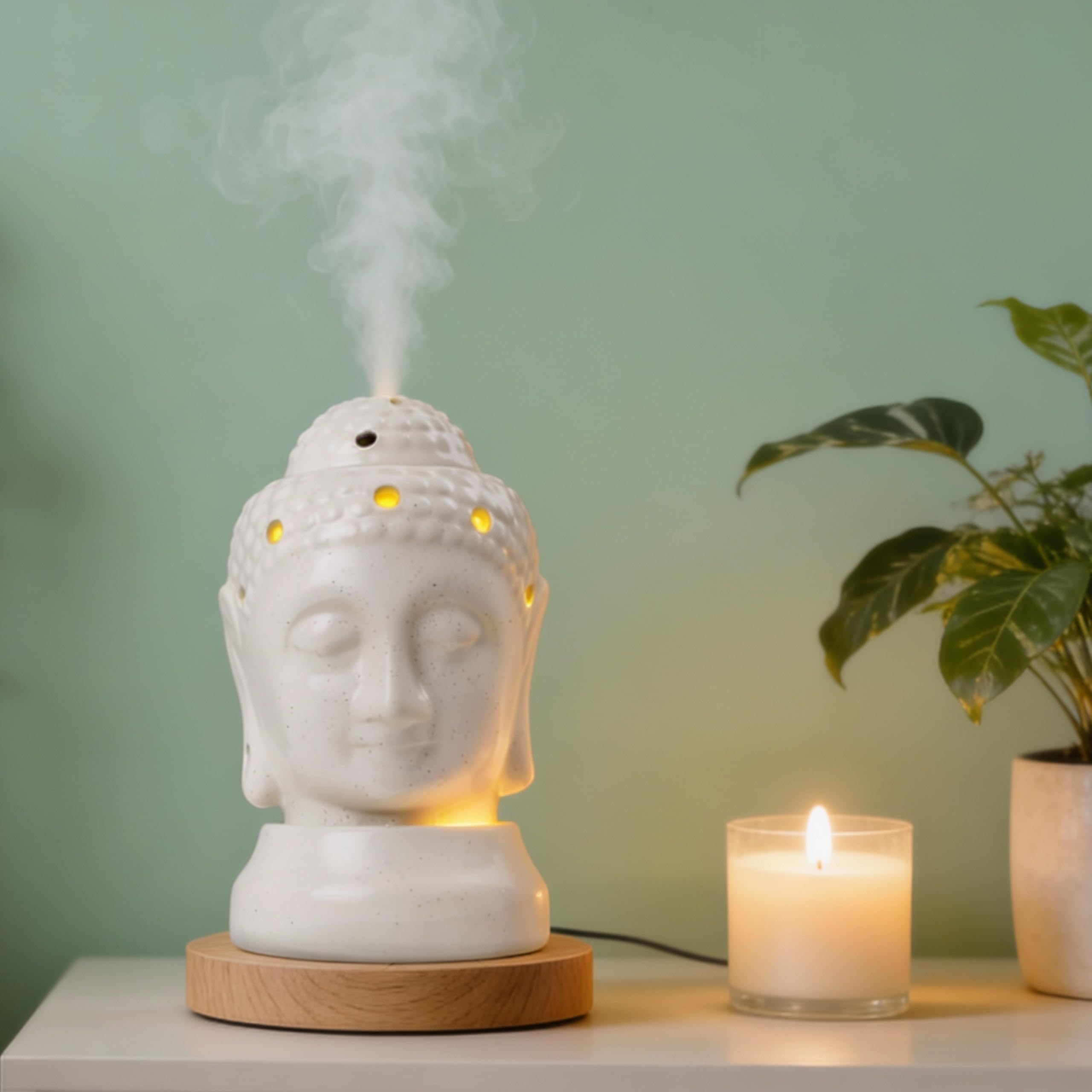 Buddha Head Ceramic Aroma Diffuser with LED Light for Home & Office | Electric Essential Oil Diffuser & Fragrance Humidifier for Meditation, Yoga, Sleep & Relaxation