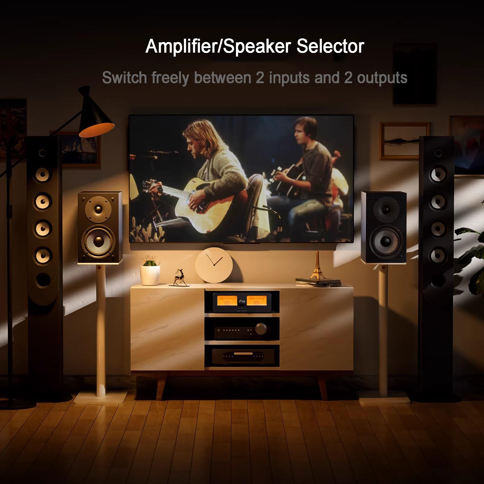 Conmutador de audio, amplificador de 2 vías con medidor dual VU y control remoto para amplificadores estéreo de alta fidelidad y altavoces pasivos