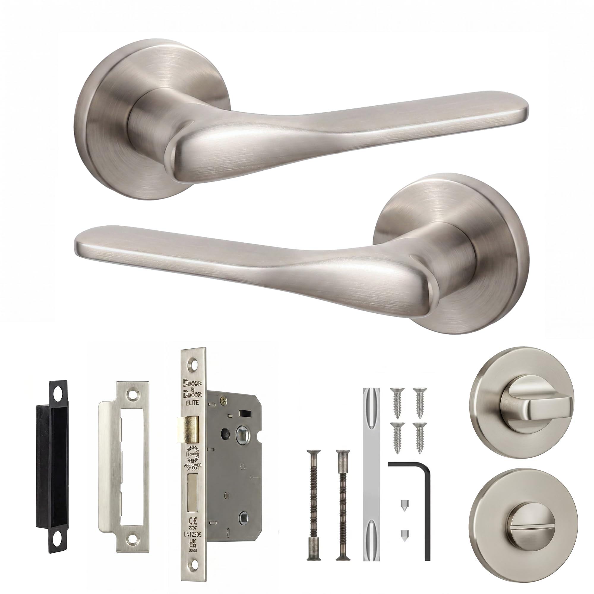 Decoranddecor Verita Satin Nickel Internal Door Handles, Bathroom Kit 64mm
