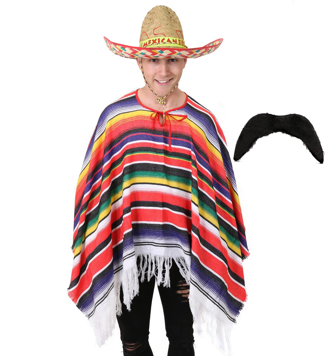 Disfraz mexicano para adultos – Poncho, sombrero y bigote falso – talla única